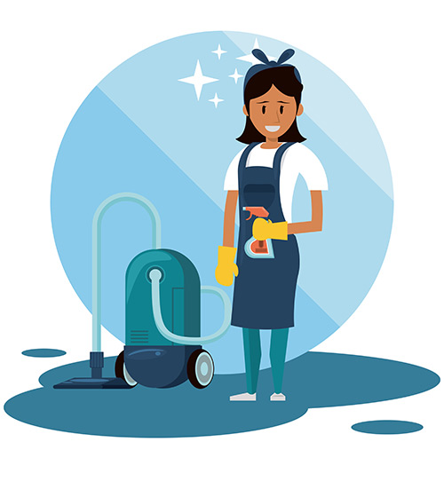 A woman is standing next to a vacuum cleaner.